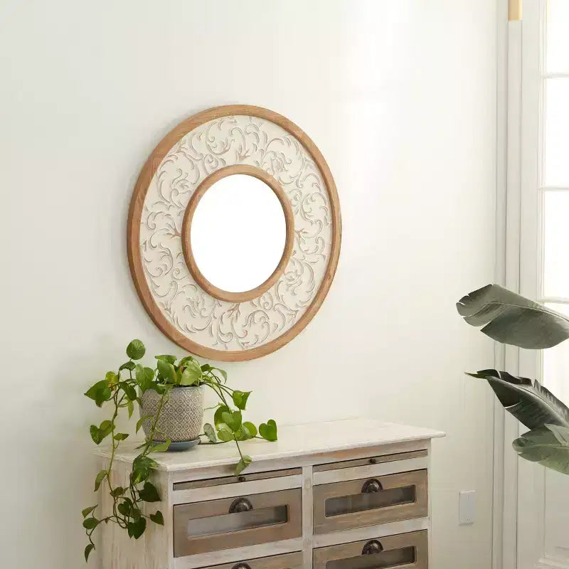 Specchio con Metallo Goffrato Bianco - Olivia & May: Stile Farmhouse, Nessun Montaggio, Cornice in MDF, Rotondo 31,5"