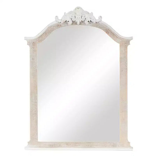 Olivia & May 37"x28" Wooden Arched Scroll Wall Mirror with Brown Distressing Cream: No Assembly, Modern Decor