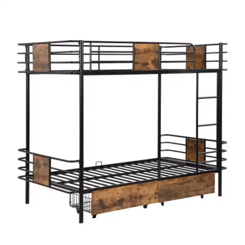 Letto a castello in metallo una piazza e mezza su una piazza e mezza XL con spondina in MDF e due cassetti portaoggetti, nero