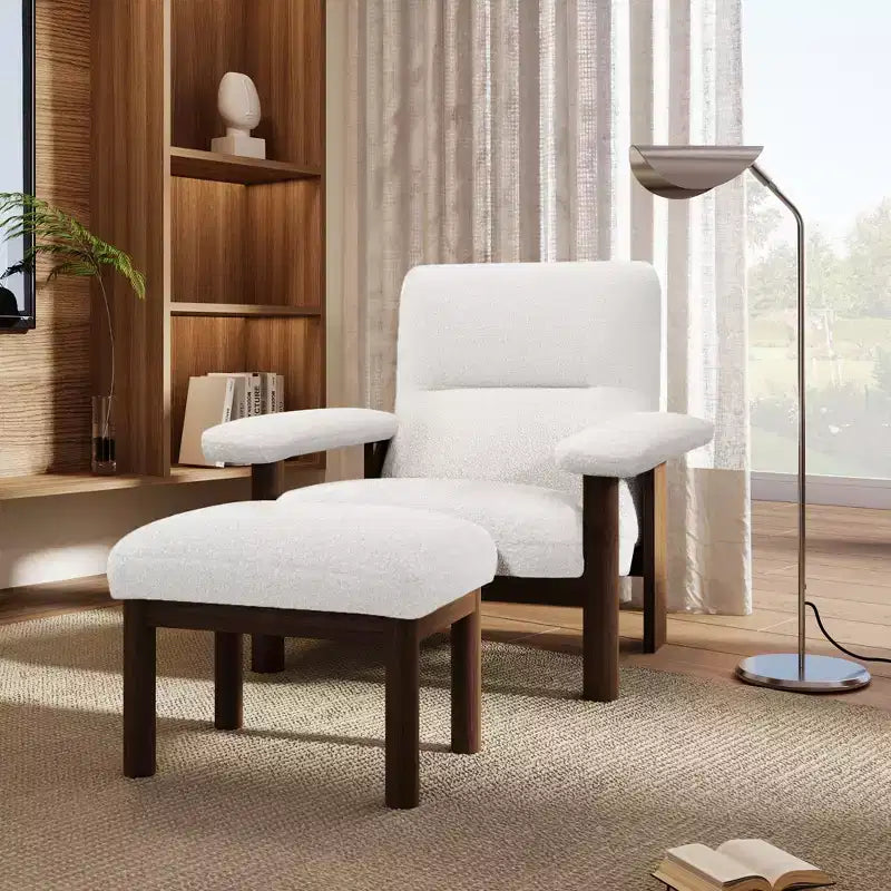 Poltrona Mid-Century con Pouf, Comoda Poltrona in Tessuto con Struttura in Legno Massello per Soggiorno, Bianco - ModernLuxe