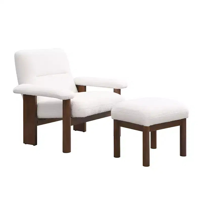 Poltrona Mid-Century con Pouf, Comoda Poltrona in Tessuto con Struttura in Legno Massello per Soggiorno, Bianco - ModernLuxe