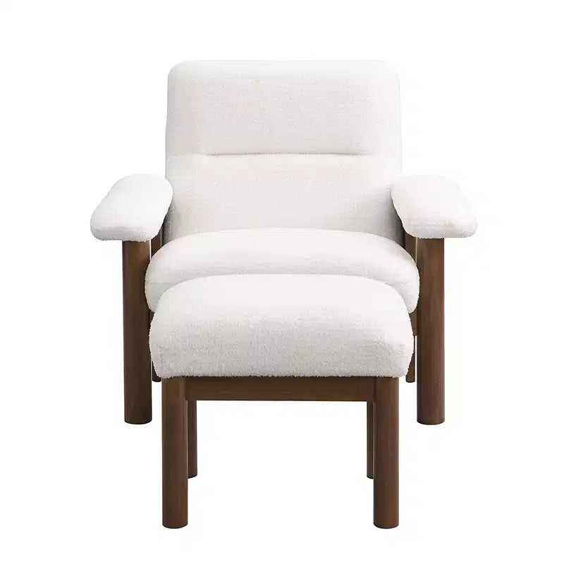 Poltrona Mid-Century con Pouf, Comoda Poltrona in Tessuto con Struttura in Legno Massello per Soggiorno, Bianco - ModernLuxe