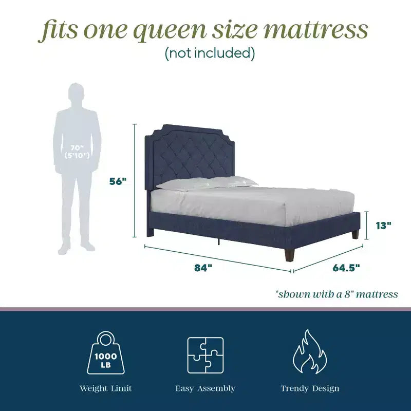 Letto con piattaforma imbottito Eloise con testiera trapuntata, nessuna rete a molle richiesta, Queen/King