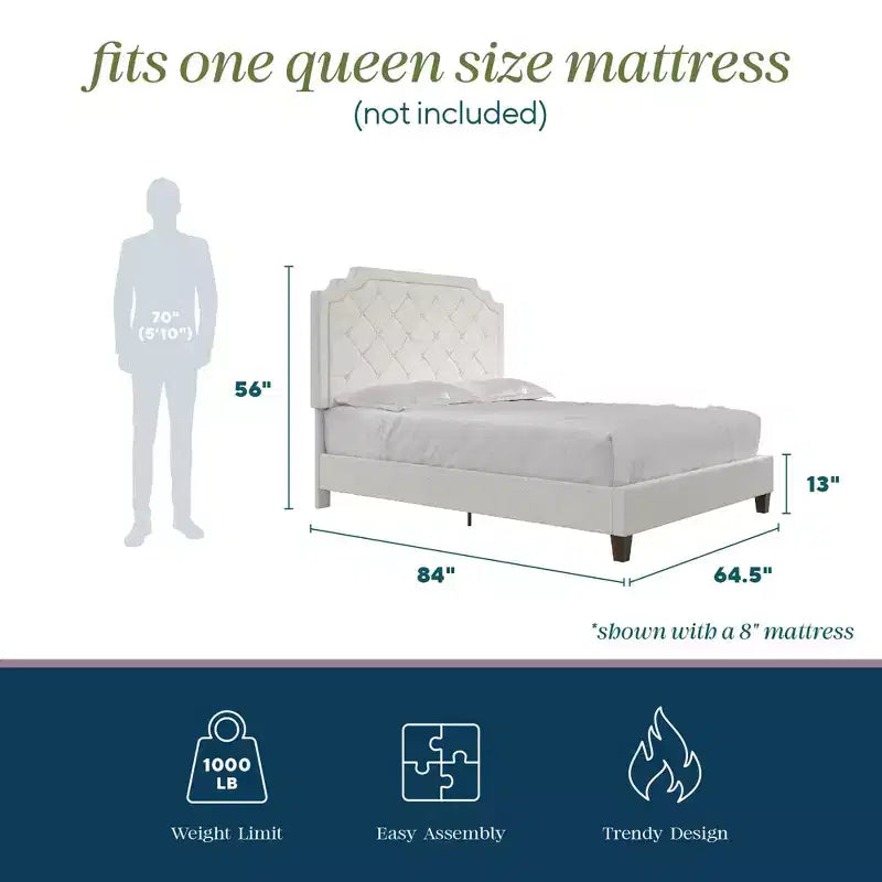 Letto con piattaforma imbottito Eloise con testiera trapuntata, nessuna rete a molle richiesta, Queen/King