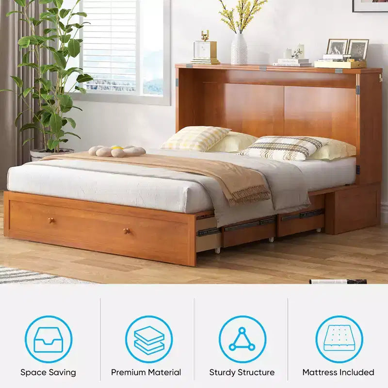 Letto a scomparsa matrimoniale moderno con materasso, stazione di ricarica USB integrata e cassetti