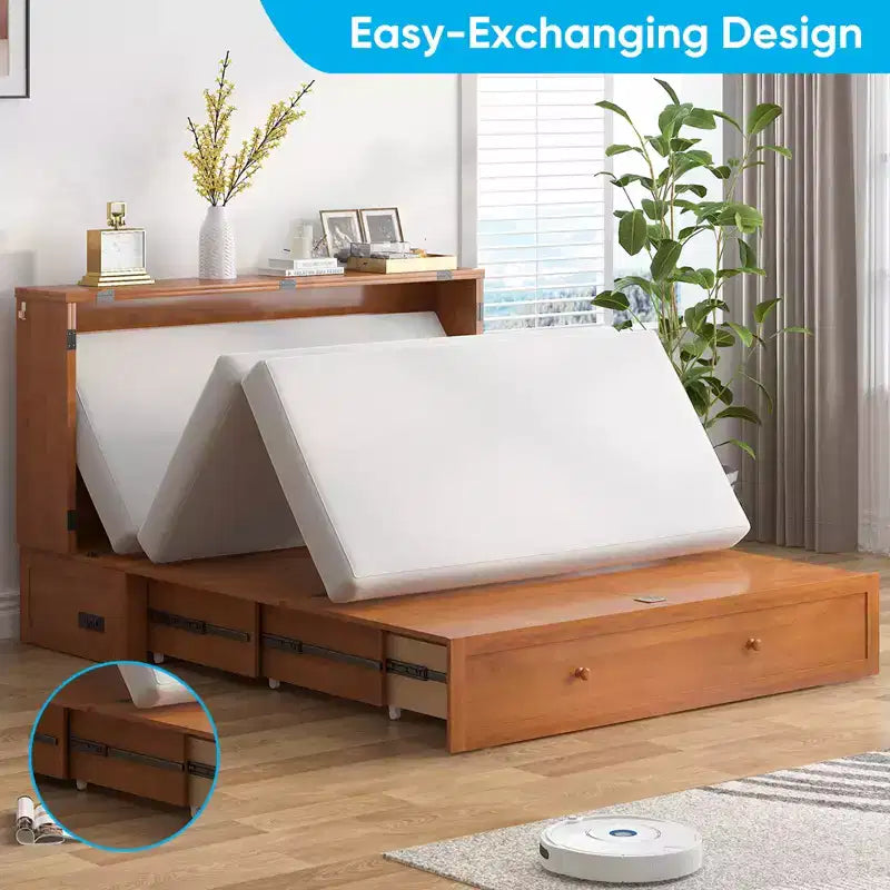Letto a scomparsa matrimoniale moderno con materasso, stazione di ricarica USB integrata e cassetti