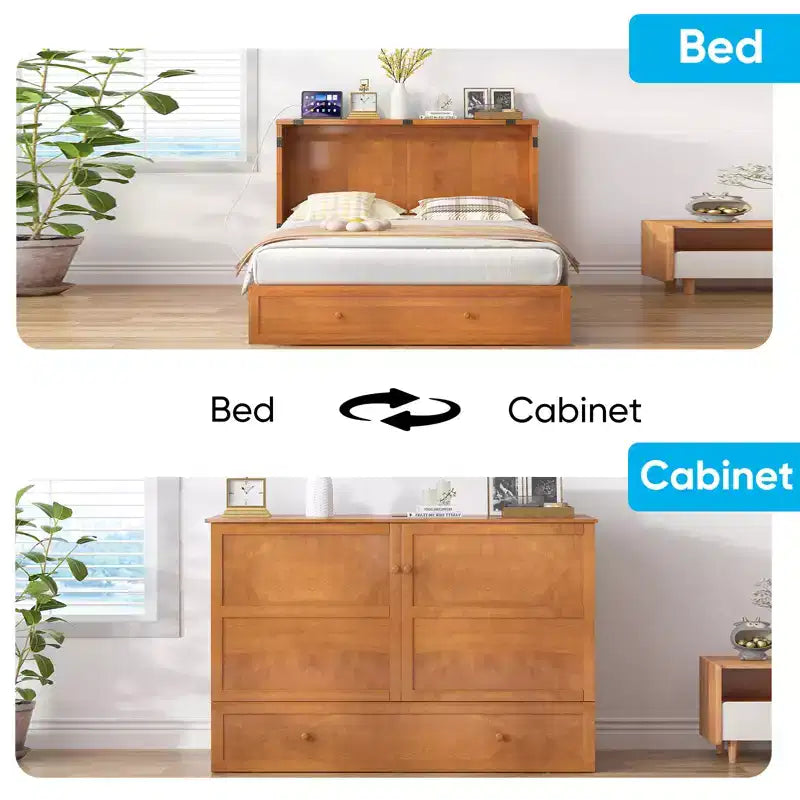 Letto a scomparsa matrimoniale moderno con materasso, stazione di ricarica USB integrata e cassetti