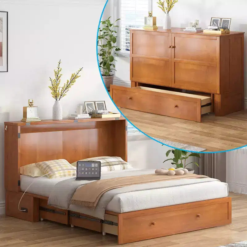 Letto a scomparsa matrimoniale moderno con materasso, stazione di ricarica USB integrata e cassetti