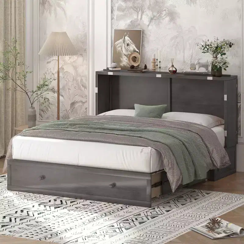 Letto a scomparsa matrimoniale moderno con materasso, stazione di ricarica USB integrata e cassetti
