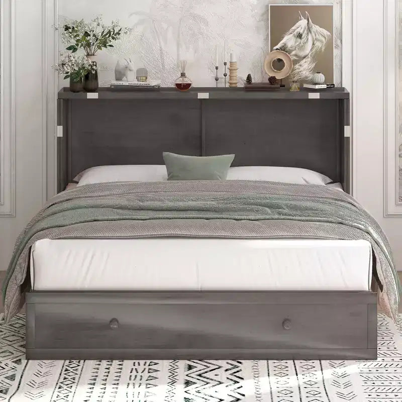 Letto a scomparsa matrimoniale moderno con materasso, stazione di ricarica USB integrata e cassetti