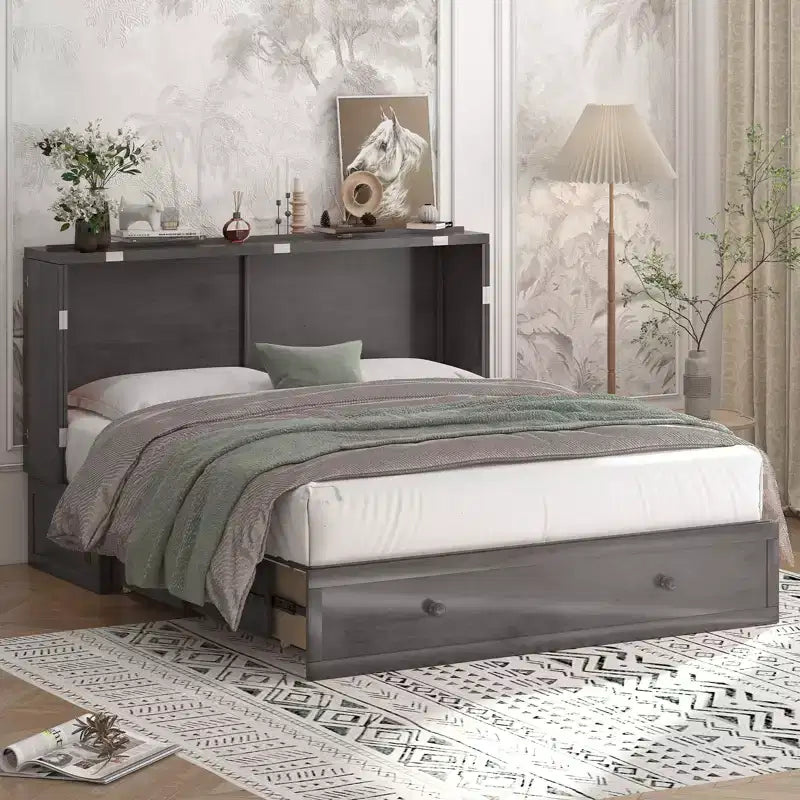 Letto a scomparsa matrimoniale moderno con materasso, stazione di ricarica USB integrata e cassetti