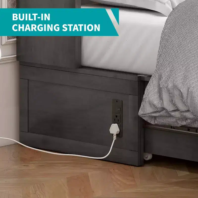 Letto a scomparsa matrimoniale moderno con materasso, stazione di ricarica USB integrata e cassetti