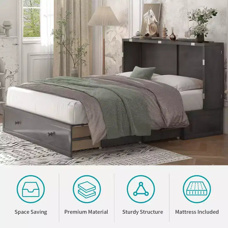 Letto a scomparsa matrimoniale moderno con materasso, stazione di ricarica USB integrata e cassetti