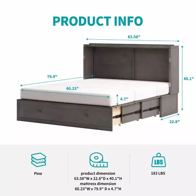 Letto a scomparsa matrimoniale moderno con materasso, stazione di ricarica USB integrata e cassetti