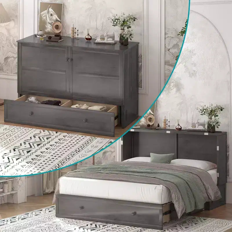Letto a scomparsa matrimoniale moderno con materasso, stazione di ricarica USB integrata e cassetti