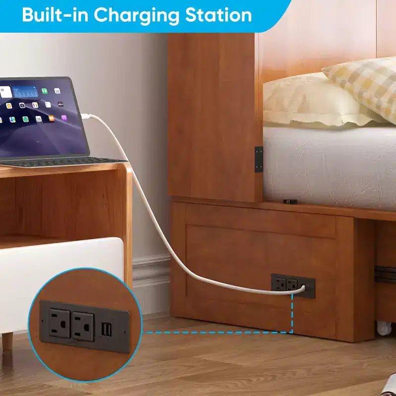 Letto a scomparsa matrimoniale moderno con materasso, stazione di ricarica USB integrata e cassetti