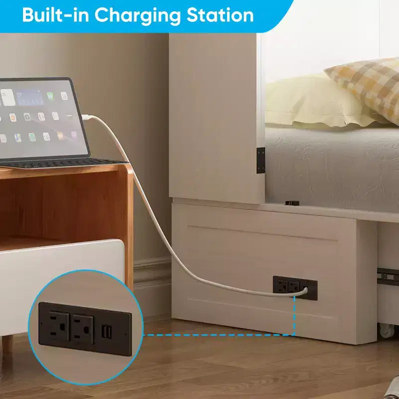 Letto a scomparsa matrimoniale moderno con materasso, stazione di ricarica USB integrata e cassetti