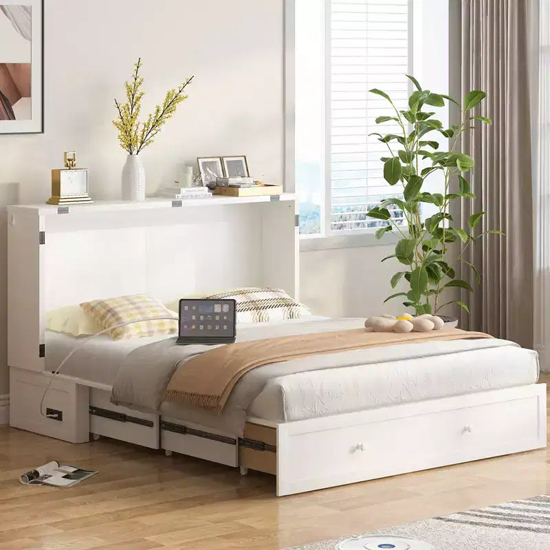 Letto a scomparsa matrimoniale moderno con materasso, stazione di ricarica USB integrata e cassetti