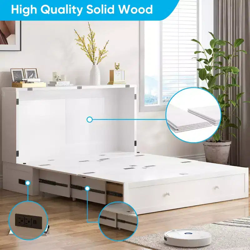 Letto a scomparsa matrimoniale moderno con materasso, stazione di ricarica USB integrata e cassetti