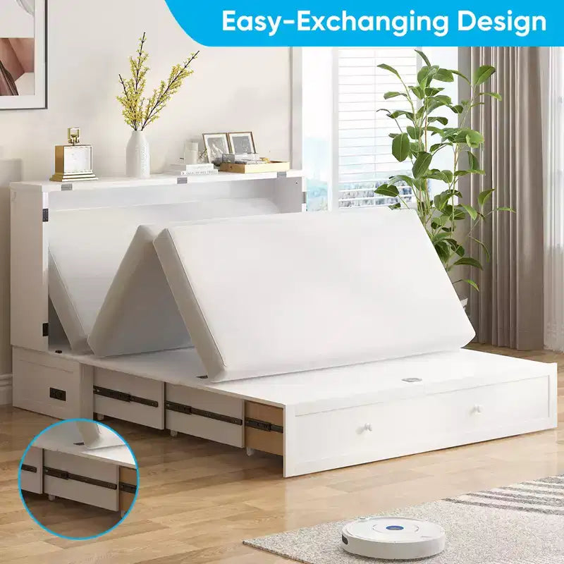 Letto a scomparsa matrimoniale moderno con materasso, stazione di ricarica USB integrata e cassetti
