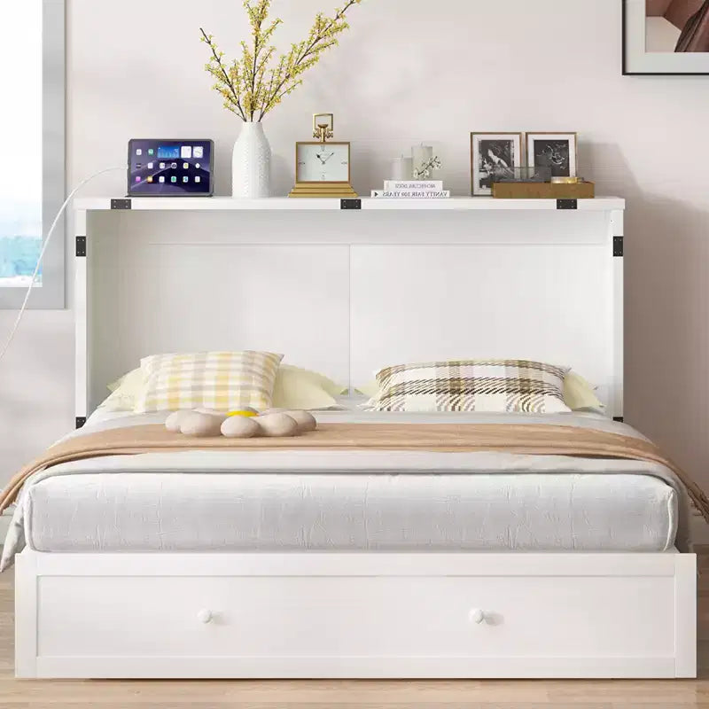 Letto a scomparsa matrimoniale moderno con materasso, stazione di ricarica USB integrata e cassetti