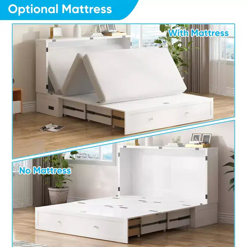 Letto a scomparsa matrimoniale moderno con materasso, stazione di ricarica USB integrata e cassetti