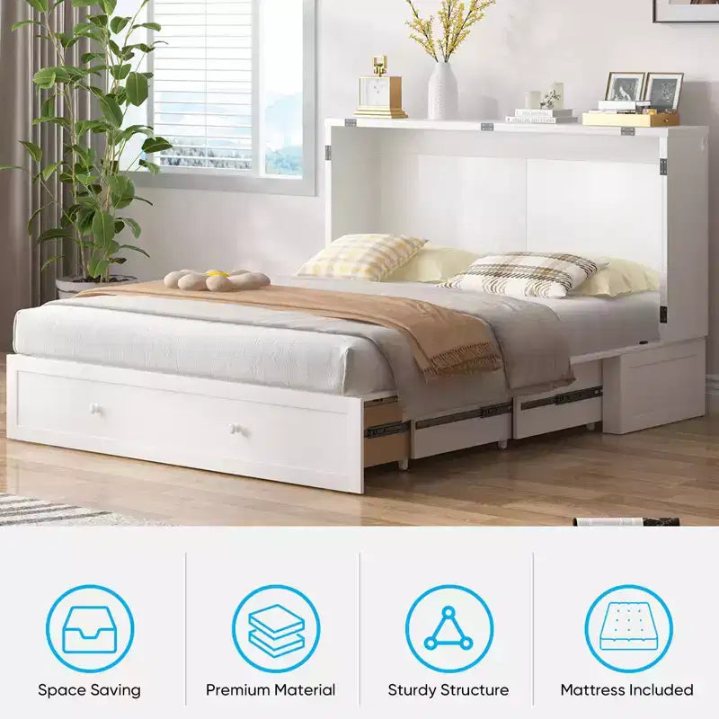Letto a scomparsa matrimoniale moderno con materasso, stazione di ricarica USB integrata e cassetti