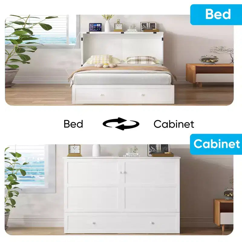 Letto a scomparsa matrimoniale moderno con materasso, stazione di ricarica USB integrata e cassetti