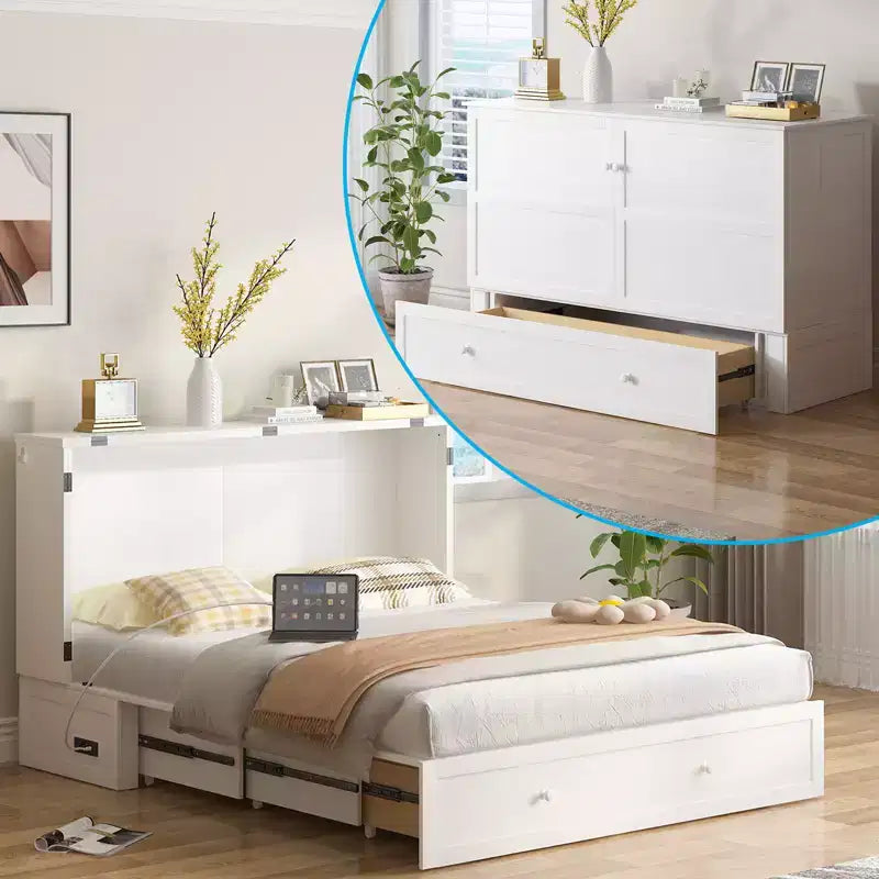 Letto a scomparsa matrimoniale moderno con materasso, stazione di ricarica USB integrata e cassetti