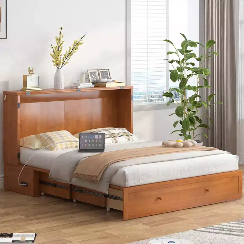 Letto a scomparsa matrimoniale moderno con materasso, stazione di ricarica USB integrata e cassetti
