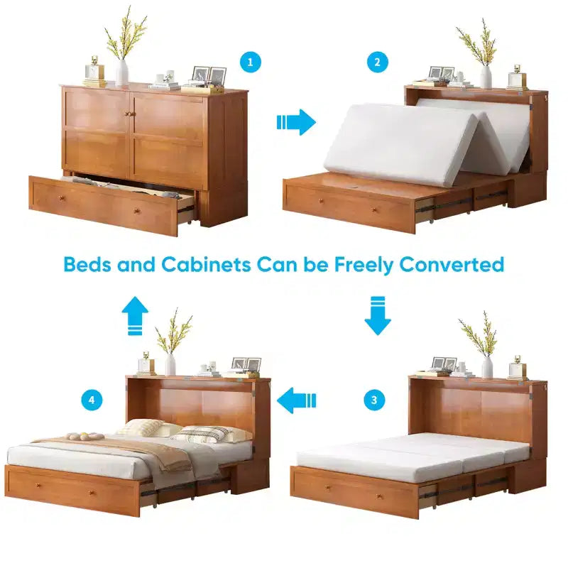 Letto a scomparsa matrimoniale moderno con materasso, stazione di ricarica USB integrata e cassetti