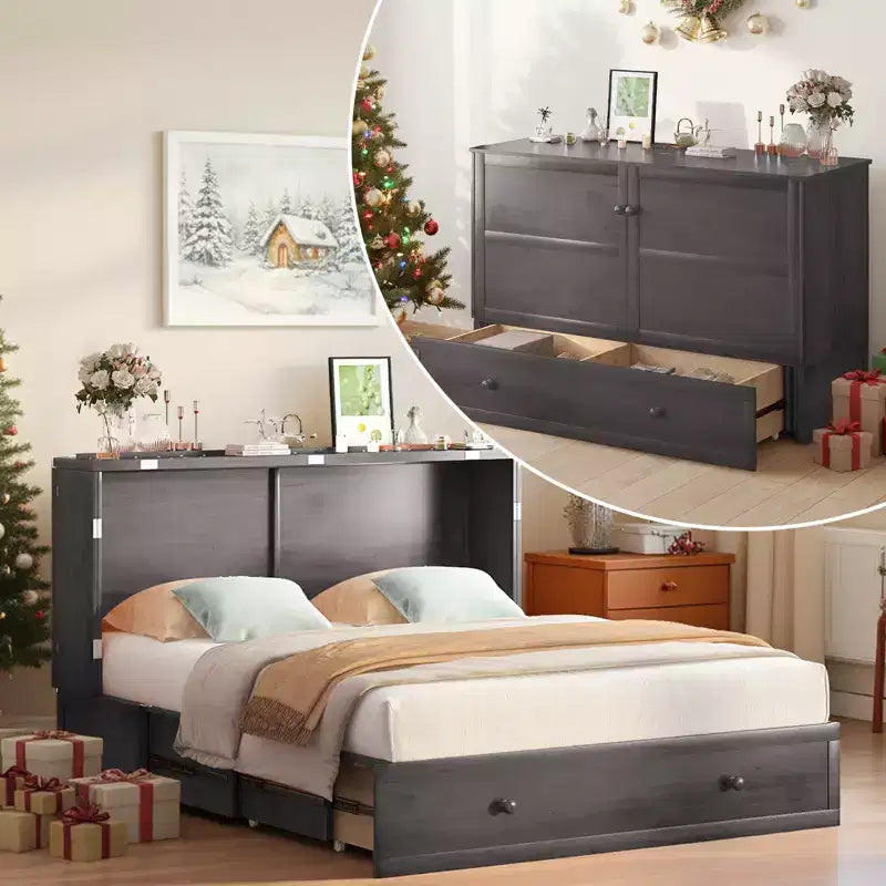 Letto a scomparsa matrimoniale moderno con materasso, stazione di ricarica USB integrata e cassetti