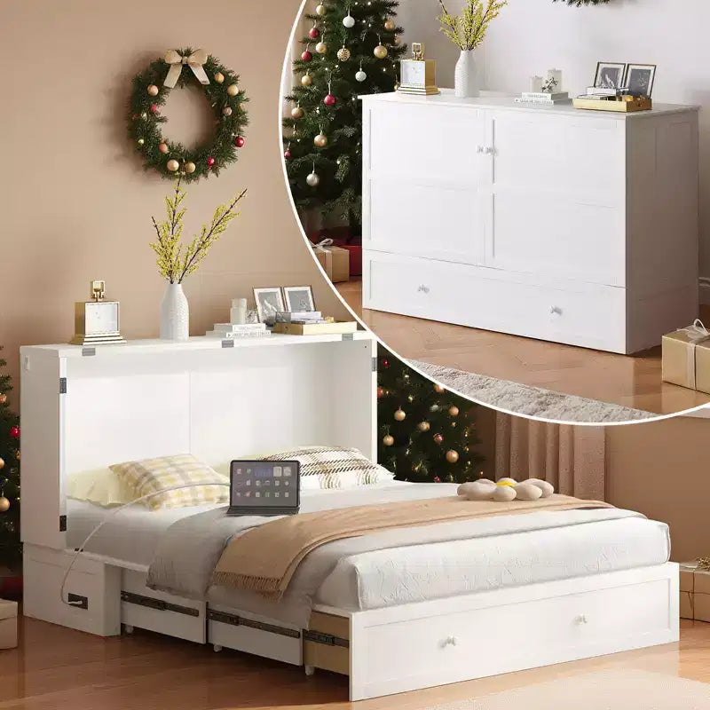 Letto a scomparsa matrimoniale moderno con materasso, stazione di ricarica USB integrata e cassetti