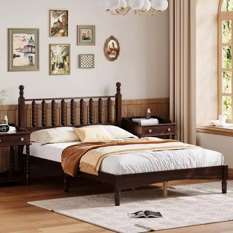 Letto a piattaforma in legno King Size con testiera a zucca, telaio letto in stile retrò, nessuna necessità di box spring, noce/naturale - ModernLuxe