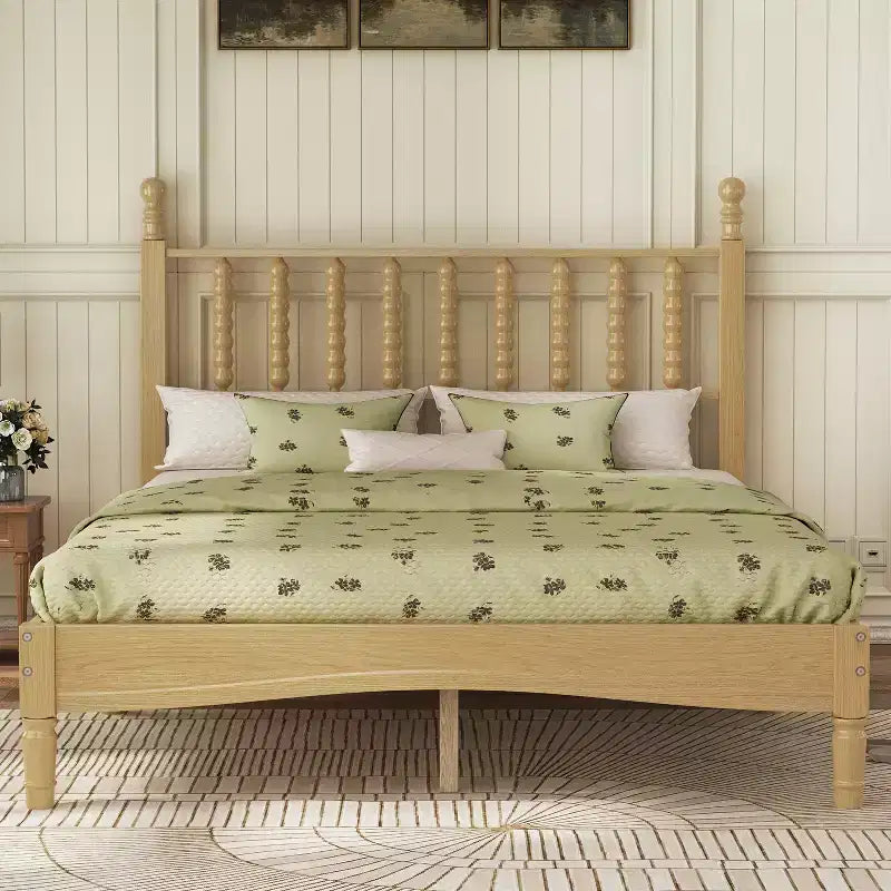 Letto a piattaforma in legno King Size con testiera a zucca, telaio letto in stile retrò, nessuna necessità di box spring, noce/naturale - ModernLuxe