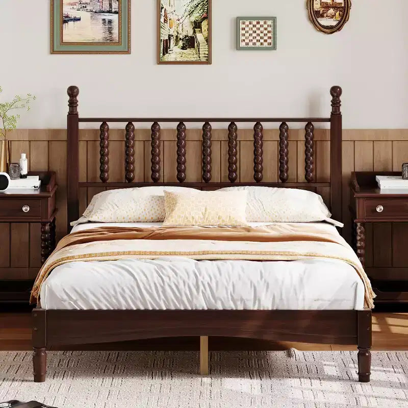 Letto a piattaforma in legno King Size con testiera a zucca, telaio letto in stile retrò, nessuna necessità di box spring, noce/naturale - ModernLuxe