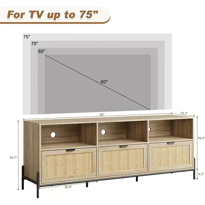 Mobile TV per 75 pollici, mobile da intrattenimento moderno con 3 cassetti, console TV con gambe in metallo resistente, mobile TV in rattan per soggiorno, camera da letto