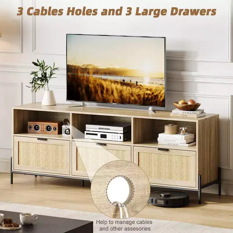 Mobile TV per 75 pollici, mobile da intrattenimento moderno con 3 cassetti, console TV con gambe in metallo resistente, mobile TV in rattan per soggiorno, camera da letto