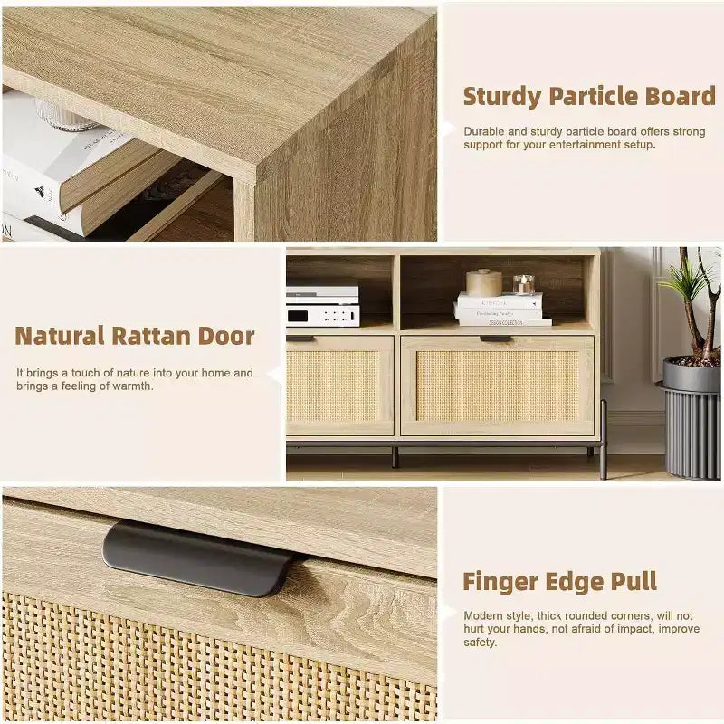 Mobile TV per 75 pollici, mobile da intrattenimento moderno con 3 cassetti, console TV con gambe in metallo resistente, mobile TV in rattan per soggiorno, camera da letto