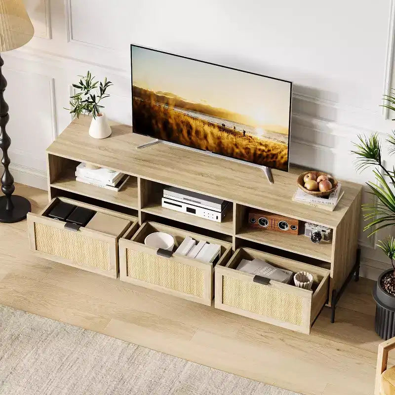 Mobile TV per 75 pollici, mobile da intrattenimento moderno con 3 cassetti, console TV con gambe in metallo resistente, mobile TV in rattan per soggiorno, camera da letto