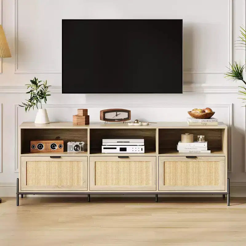 Mobile TV per 75 pollici, mobile da intrattenimento moderno con 3 cassetti, console TV con gambe in metallo resistente, mobile TV in rattan per soggiorno, camera da letto