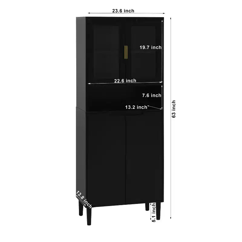 Scaffalature Verticali Autoportanti con Mensole Regolabili e 4 Ante in Vetro Temperato, Vetrina Espositiva per Soggiorno, Ufficio, Nero