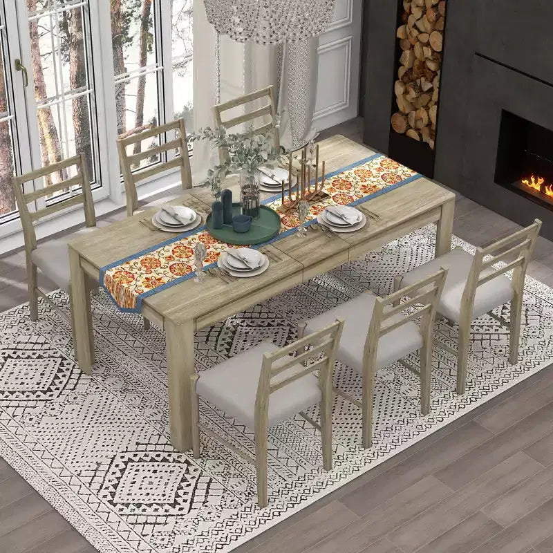 Set da pranzo da 7 pezzi estensibile in legno con sedie imbottite