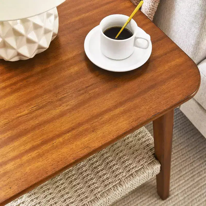 Tavolino da Salotto in Stile Mid-Century da 23 Pollici con Scaffale Contenitore Intrecciato, Tavolino Boho per Soggiorno, Camera da Letto, Patio o Ufficio