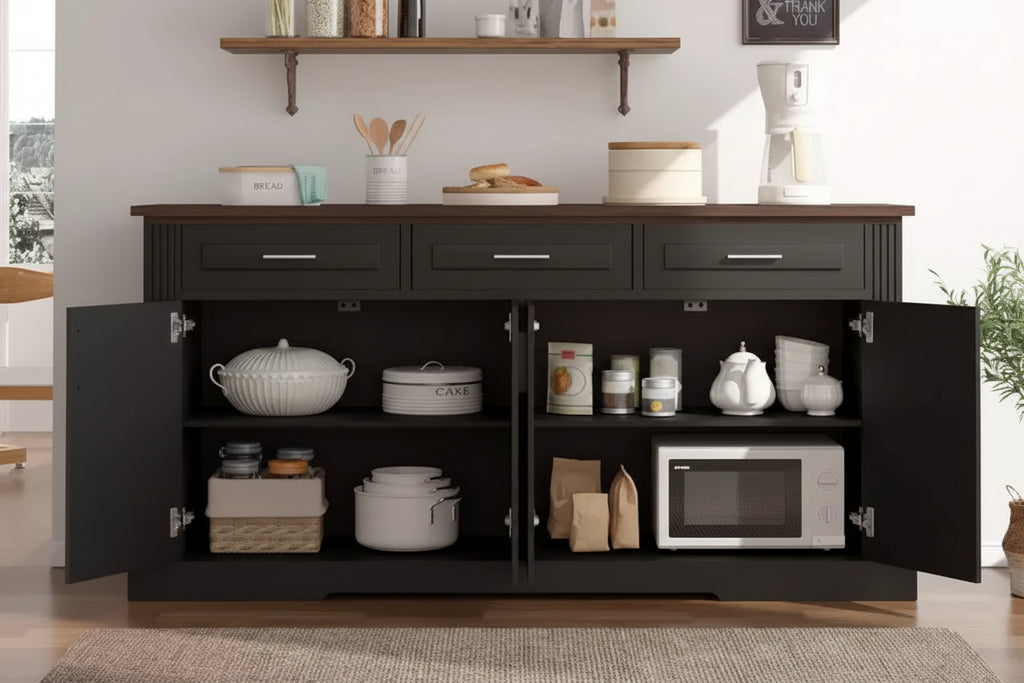 Mobile credenza scanalato da 63 pollici, mobile credenza con 4 ante e 2 cassetti, mobile contenitore per soggiorno, sala da pranzo, cucina