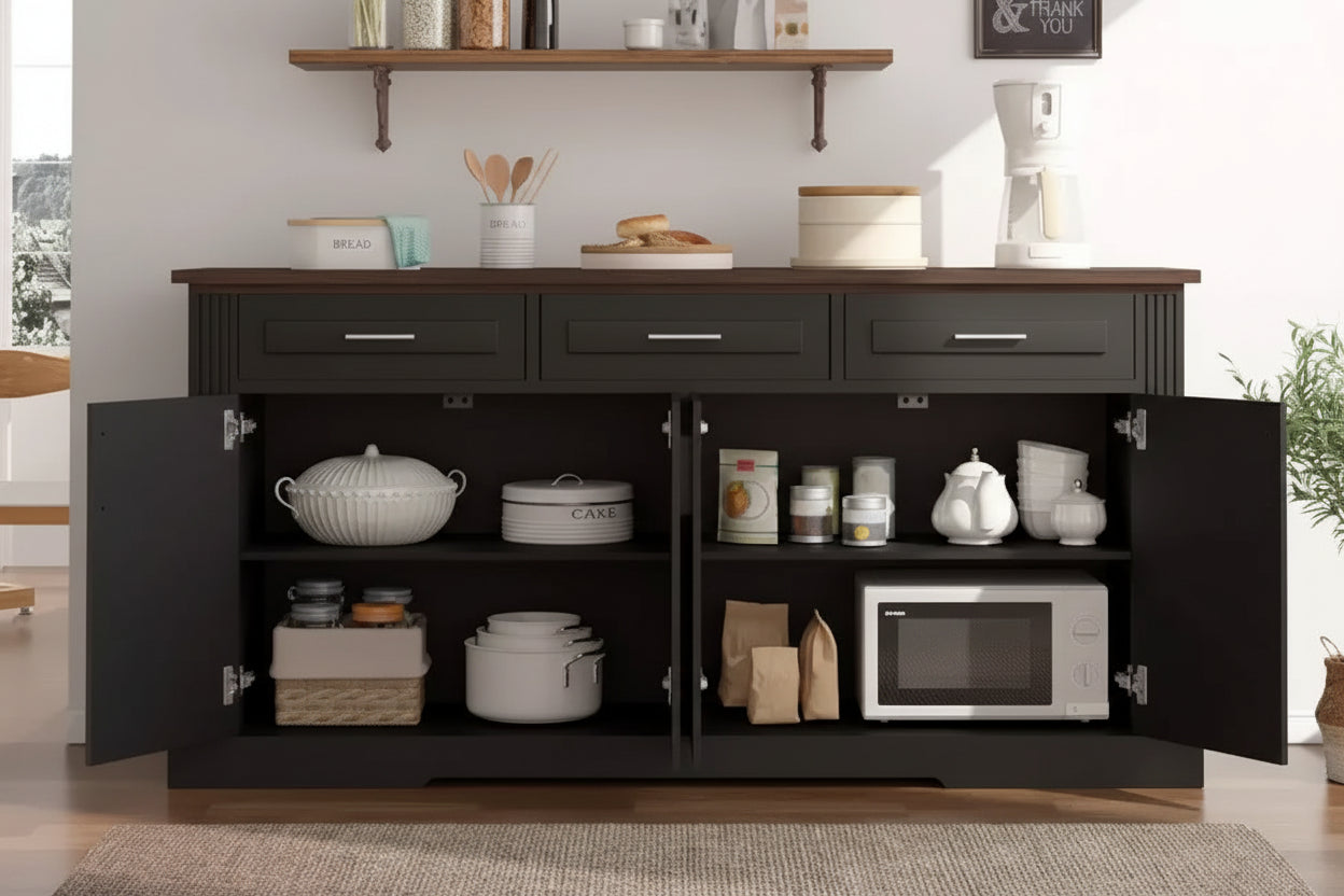 Mobile credenza scanalato da 63 pollici, mobile credenza con 4 ante e 2 cassetti, mobile contenitore per soggiorno, sala da pranzo, cucina