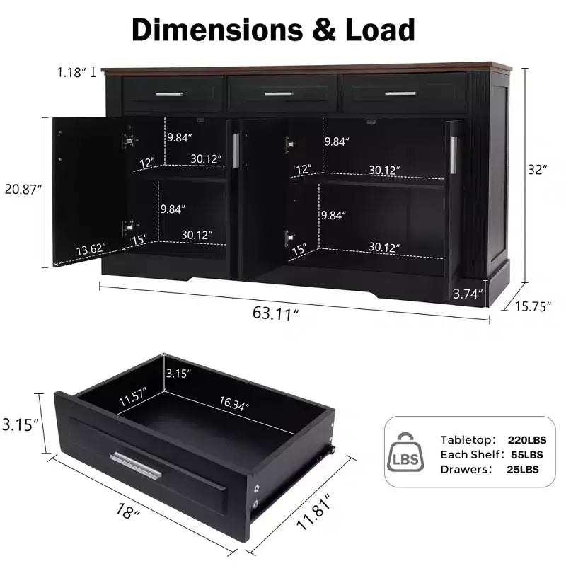 Mobile credenza scanalato da 63 pollici, mobile credenza con 4 ante e 2 cassetti, mobile contenitore per soggiorno, sala da pranzo, cucina
