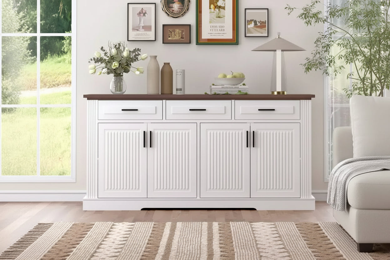Okak 63in Fluted Sideboard Cabinet, Bufft Cabinet with 4 Doors and 2 Drawers, Storage Cabinet for Living Room, Dining Room, Kitchen