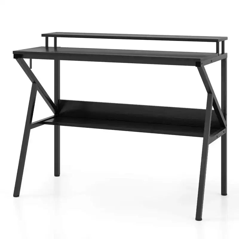 Scrivania con Supporto Monitor, Ripiano Aperto e Struttura in Metallo, Gancio per Cuffie Bianco/Marrone/Nero/Rosa