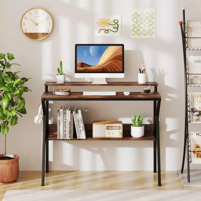 Scrivania con Supporto Monitor, Ripiano Aperto e Struttura in Metallo, Gancio per Cuffie Bianco/Marrone/Nero/Rosa